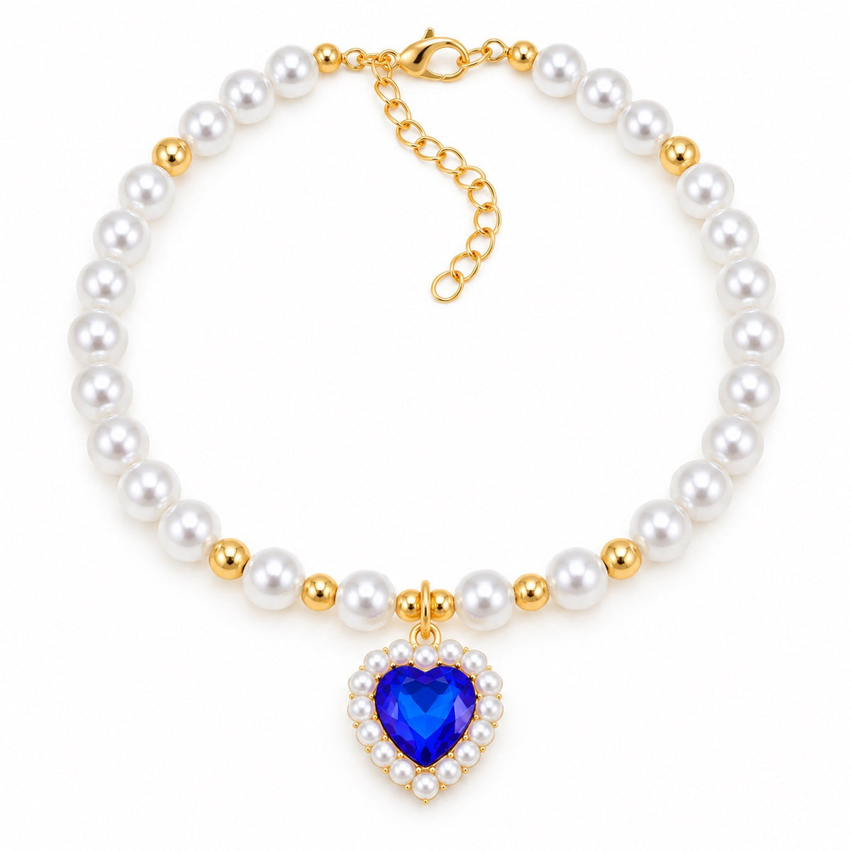 Heart Pendant Pearl Collar - Blue Sapphire Heart