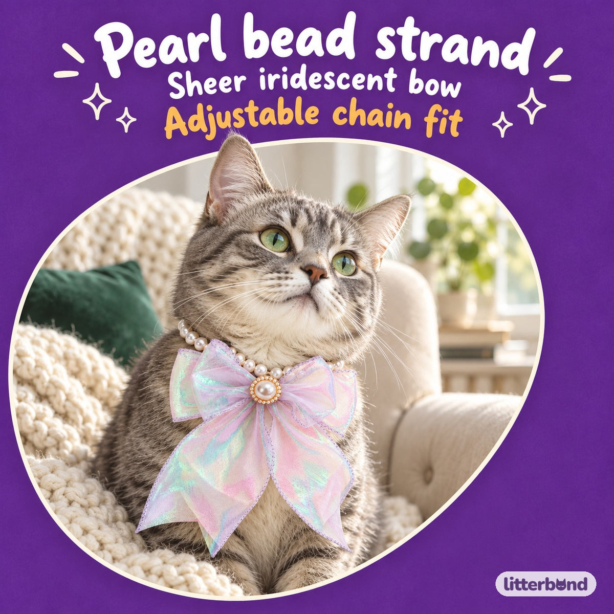 Iridescent Bow Pearl Necklace on a cat