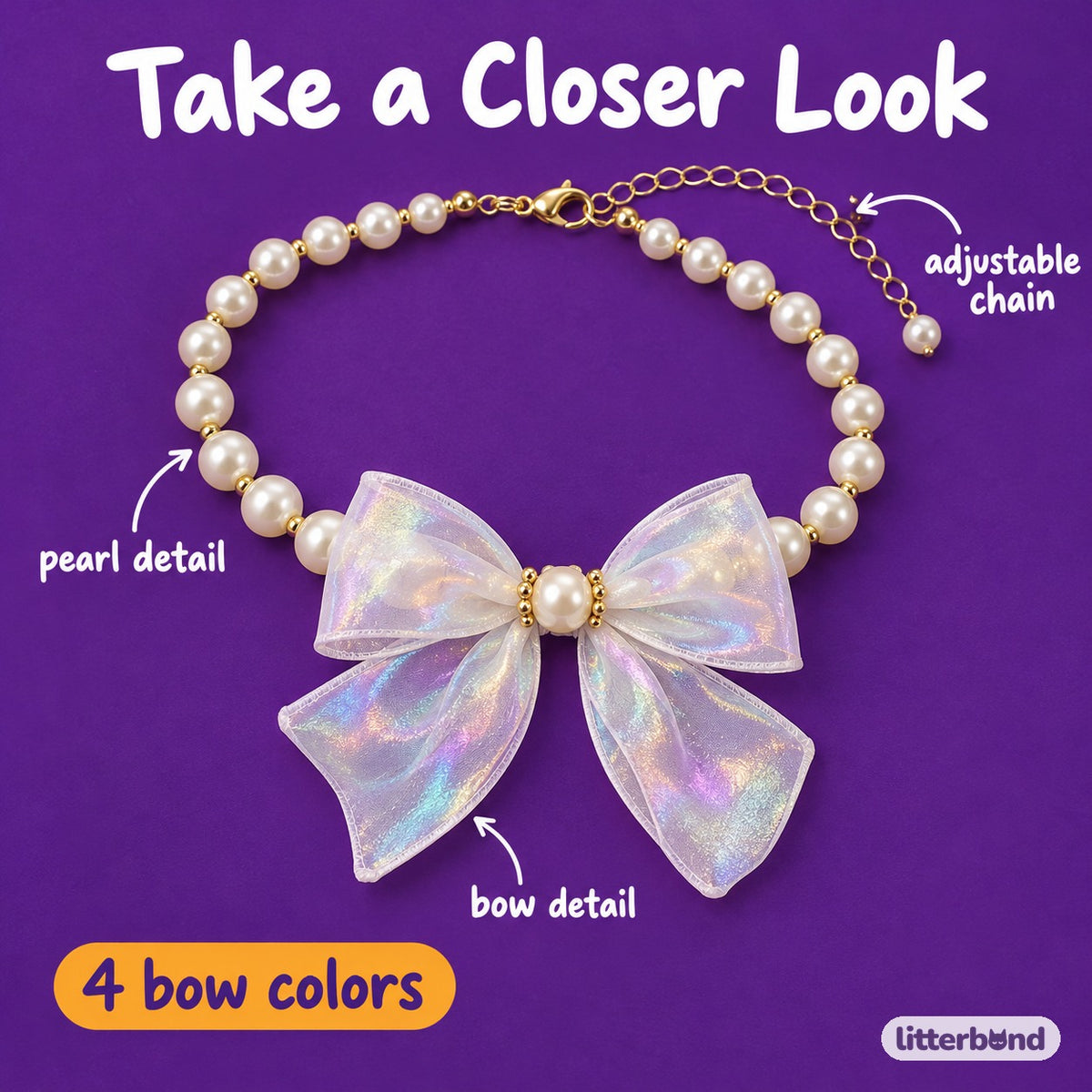 Iridescent Bow Pearl Necklace - close-up details