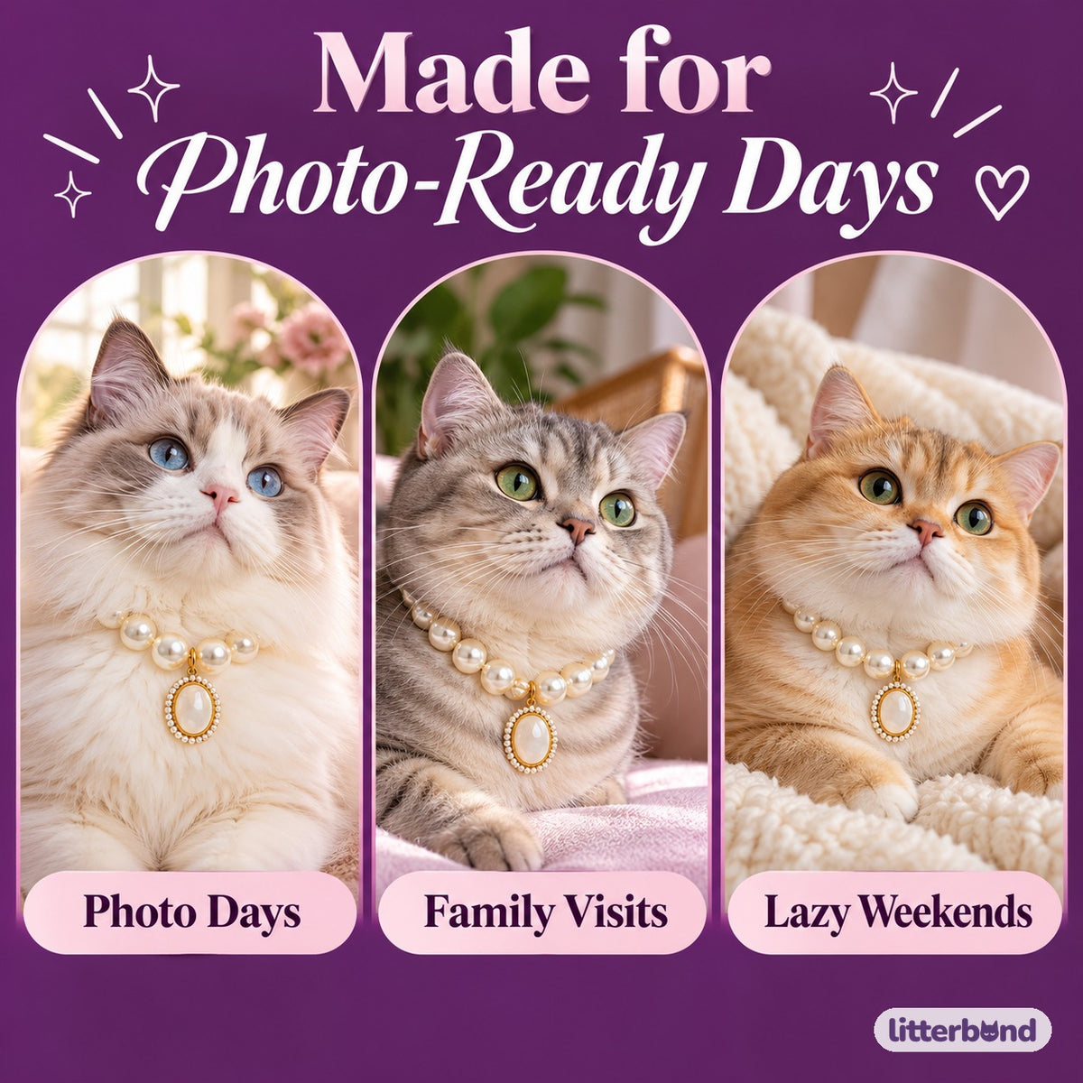 Iridescent Bow Pearl Necklace on a cat at home