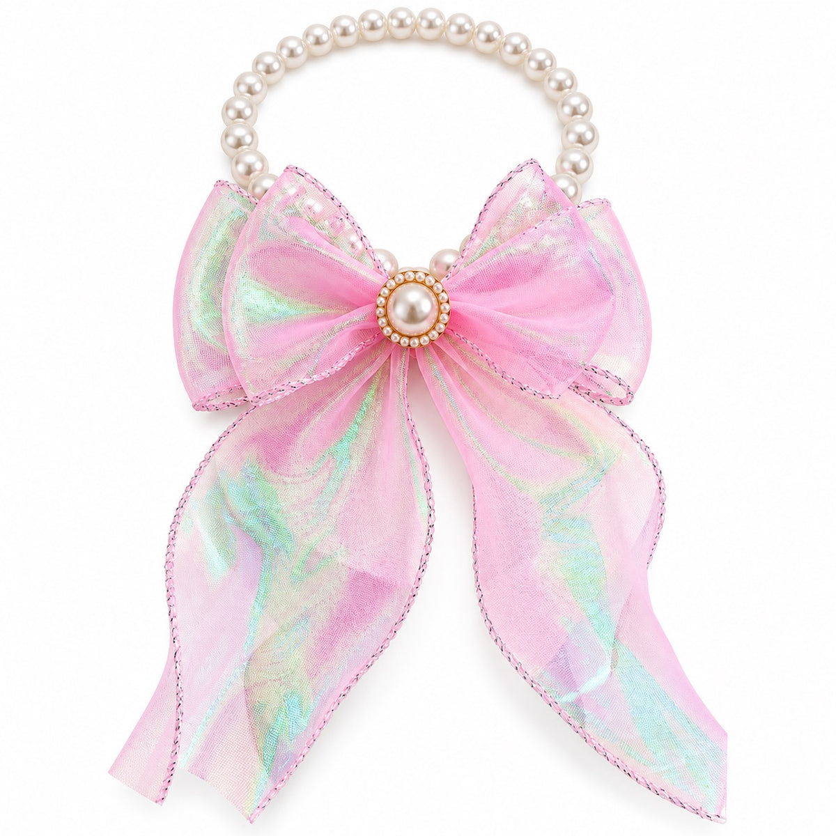 Iridescent Bow Pearl Necklace - Iridescent Pink Bow