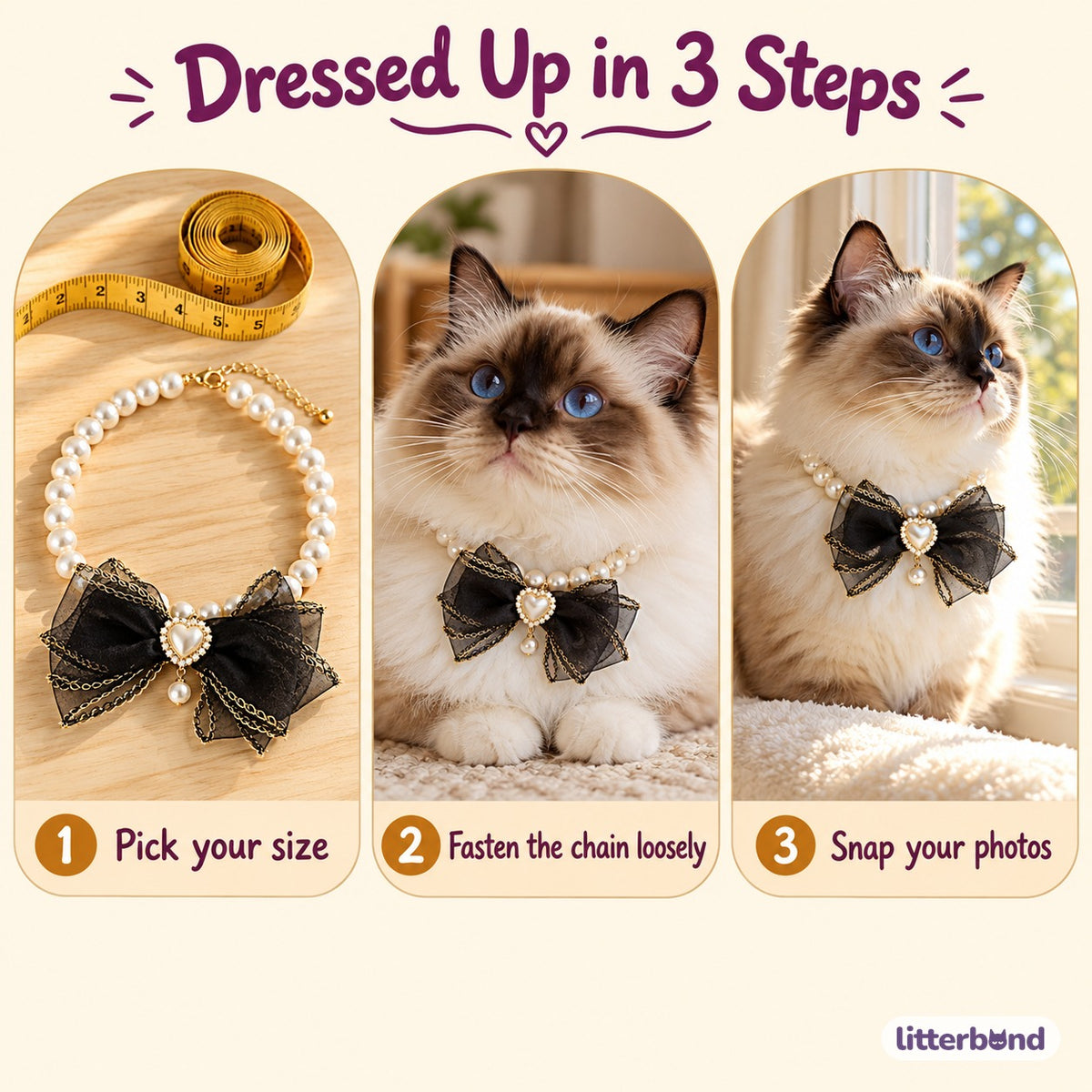 Pearl Bow Photo Collar - how to put it on