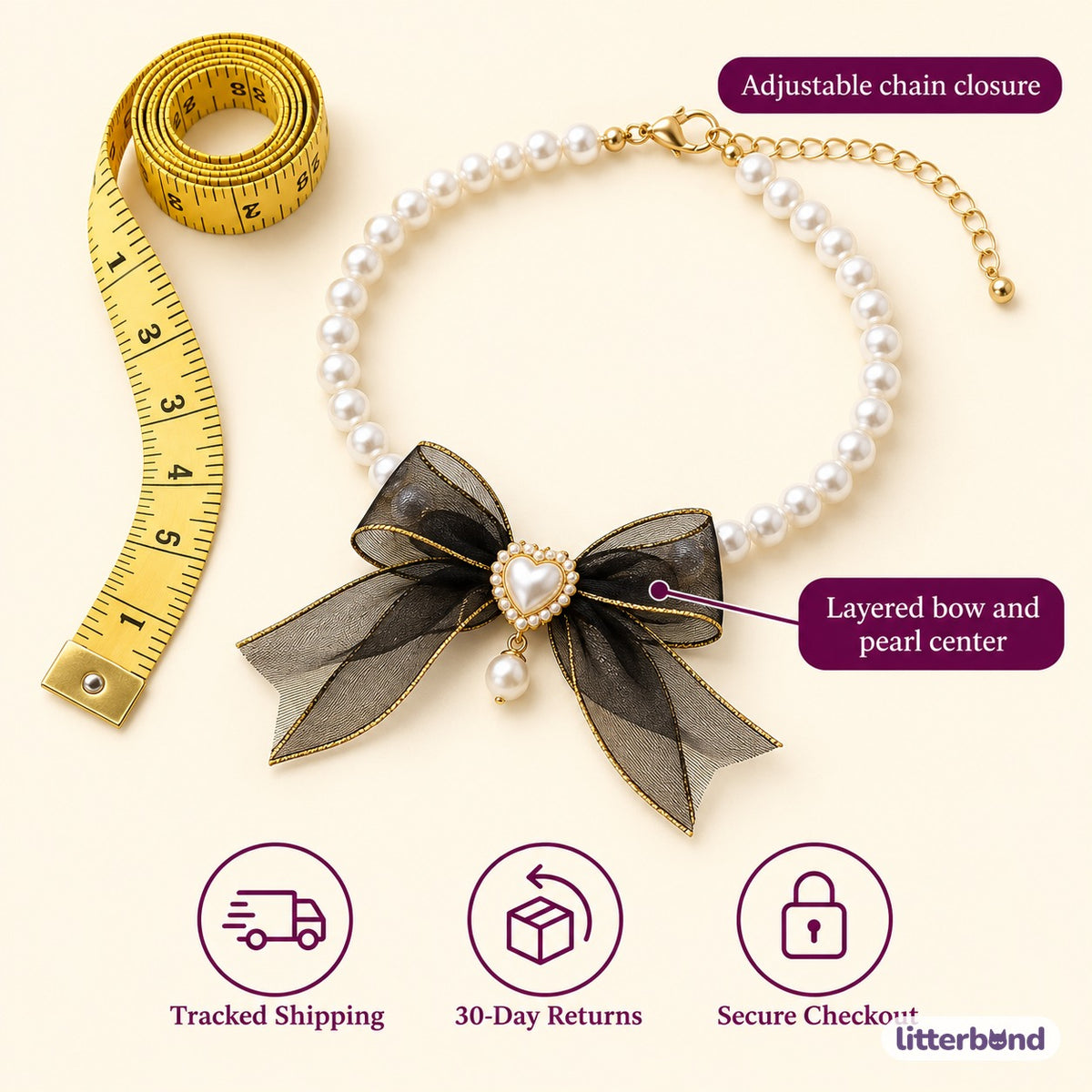 Pearl Bow Photo Collar - size and details