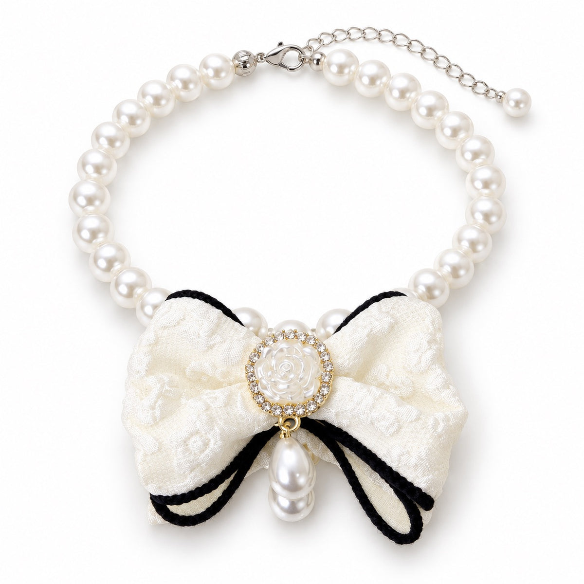 Pearl Bow Photo Collar - White Tie Bow