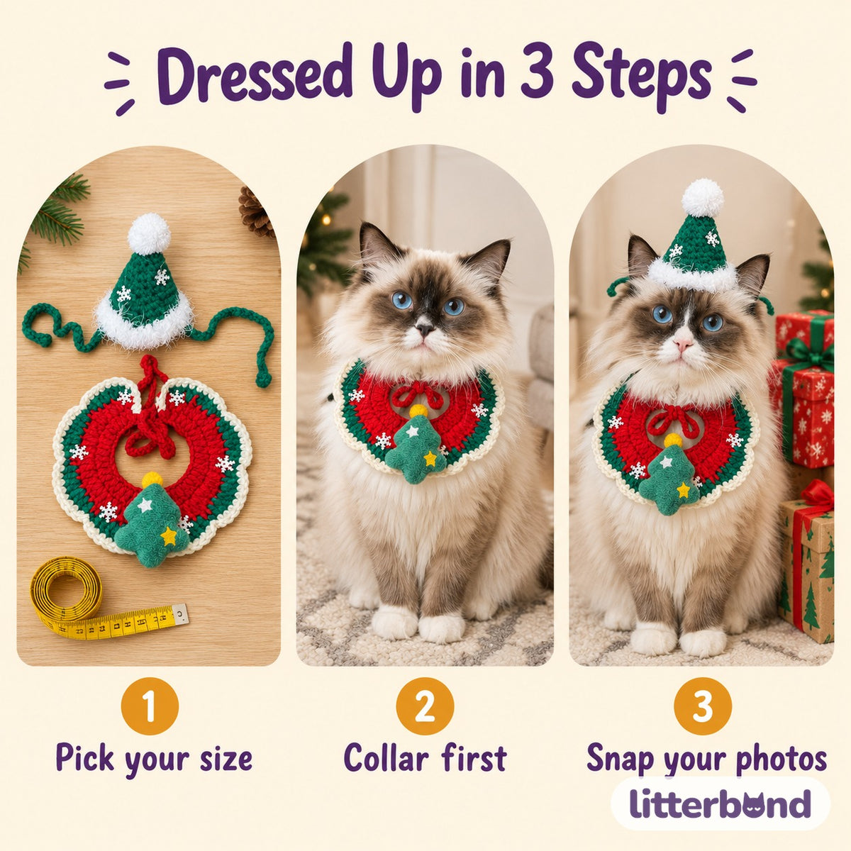 Crochet Christmas Collar & Hat Set how to put it on