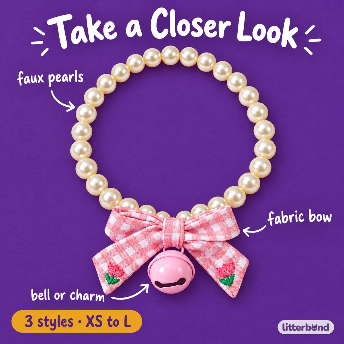 Pearl Bow Bell Necklace - close-up details