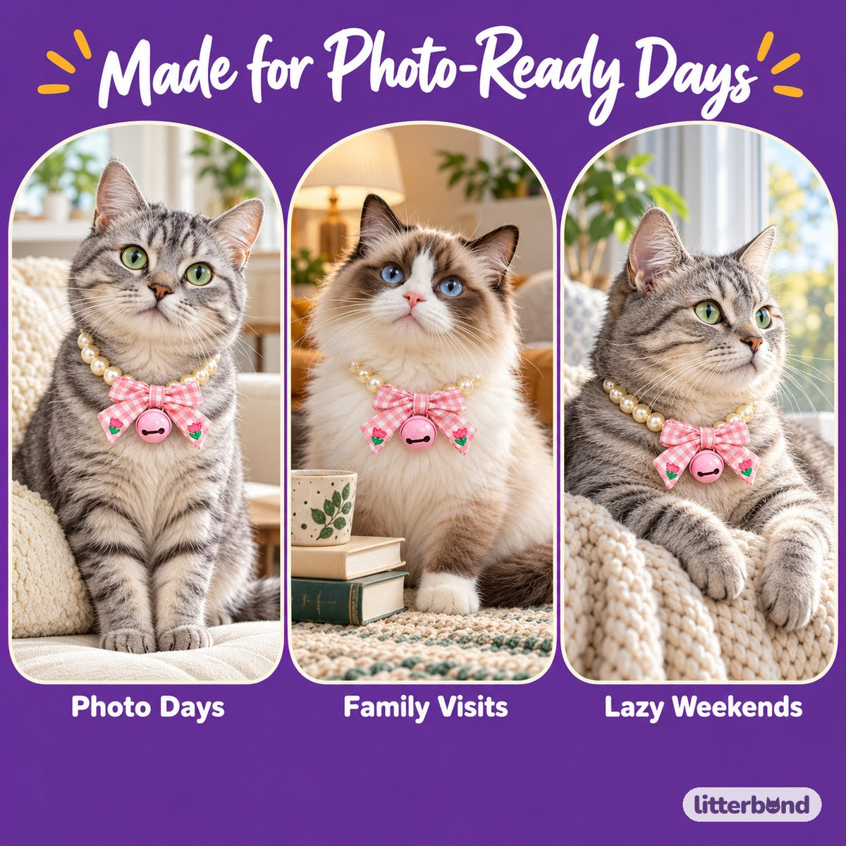 Pearl Bow Bell Necklace on a cat at home