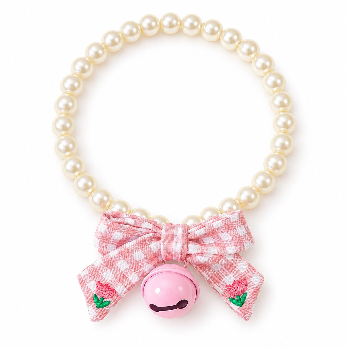 Pearl Bow Bell Necklace - Pink Plaid Bell Bow