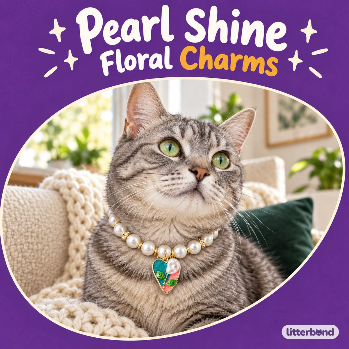 Painted Floral Pearl Necklace on a cat