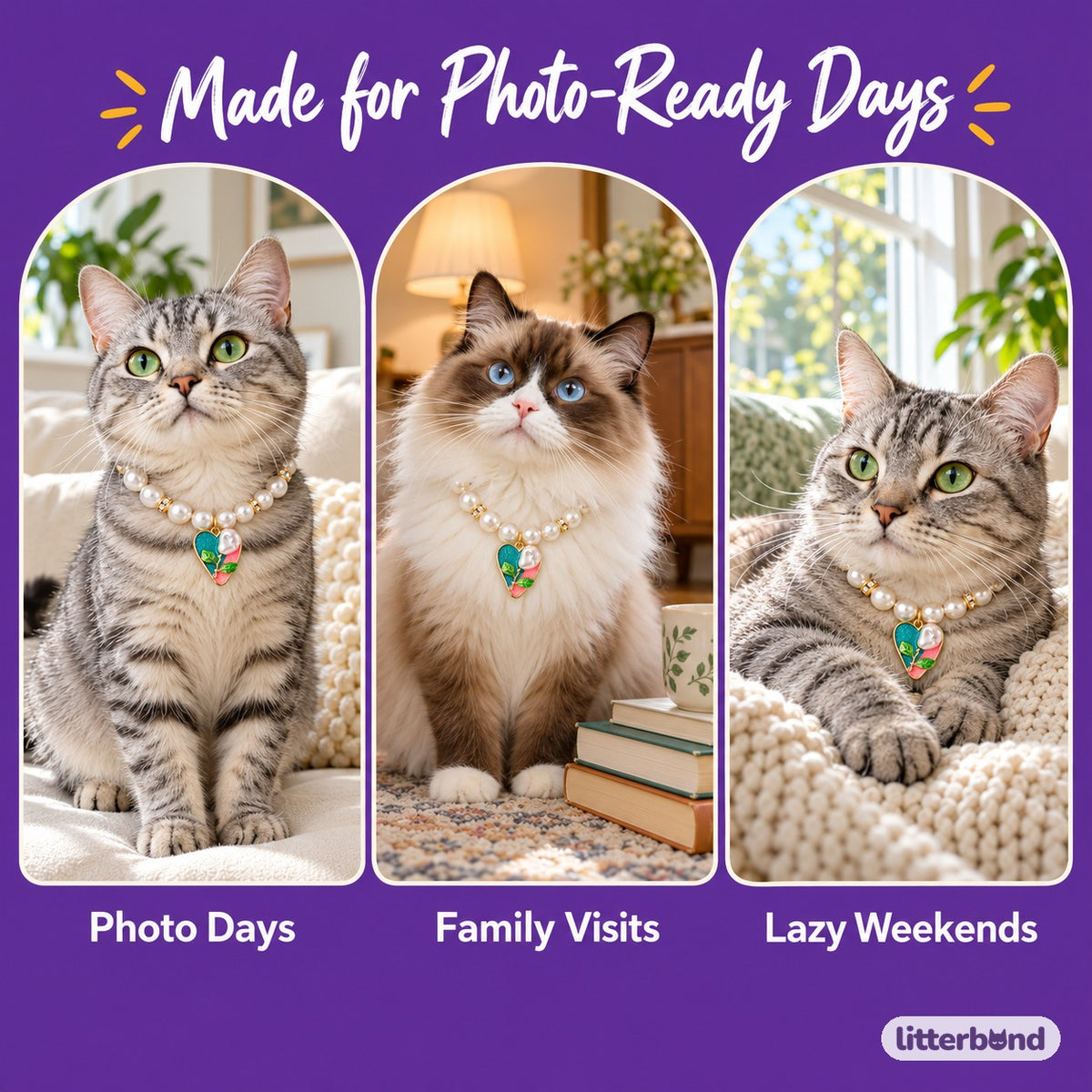 Painted Floral Pearl Necklace on a cat at home