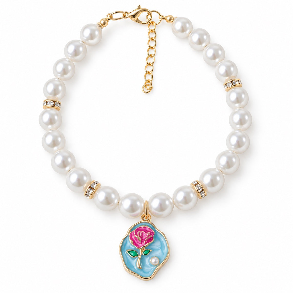 Painted Floral Pearl Necklace - Blue Rose