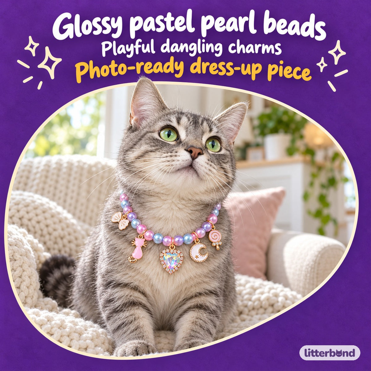 Pastel Pearl Charm Necklace on a cat