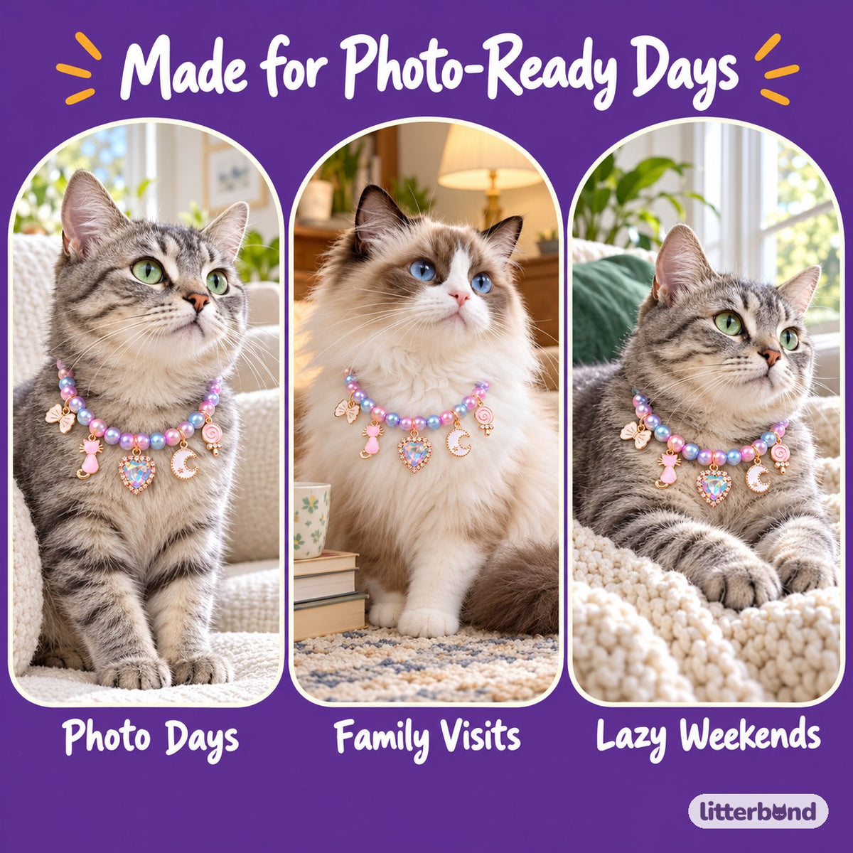 Pastel Pearl Charm Necklace on a cat at home