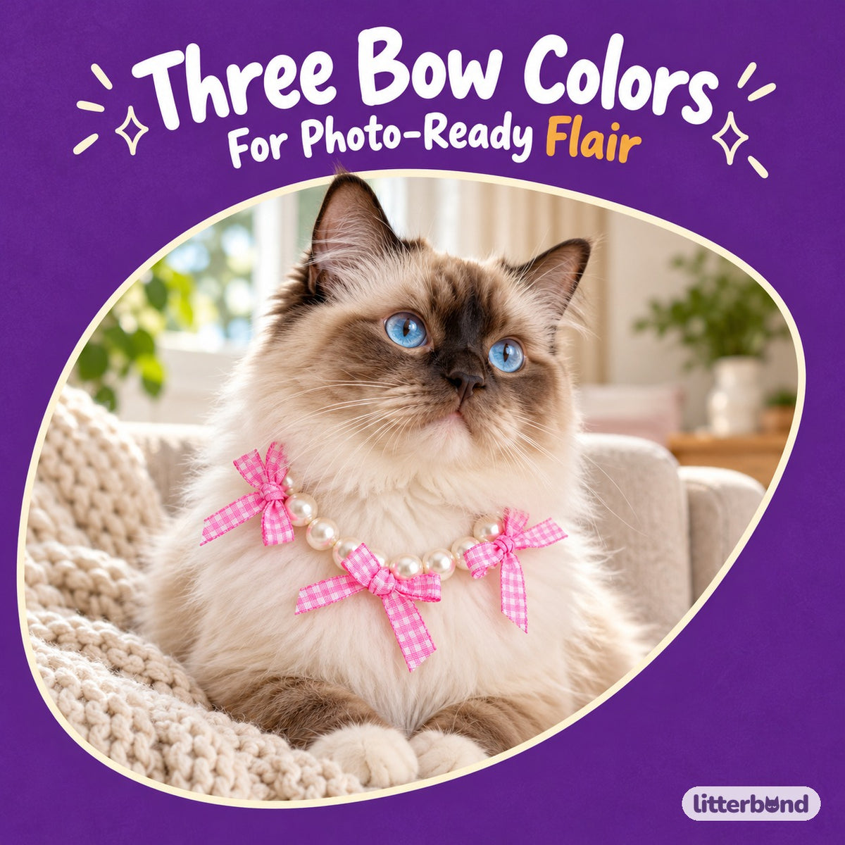 Gingham Ribbon Pearl Collar on a cat