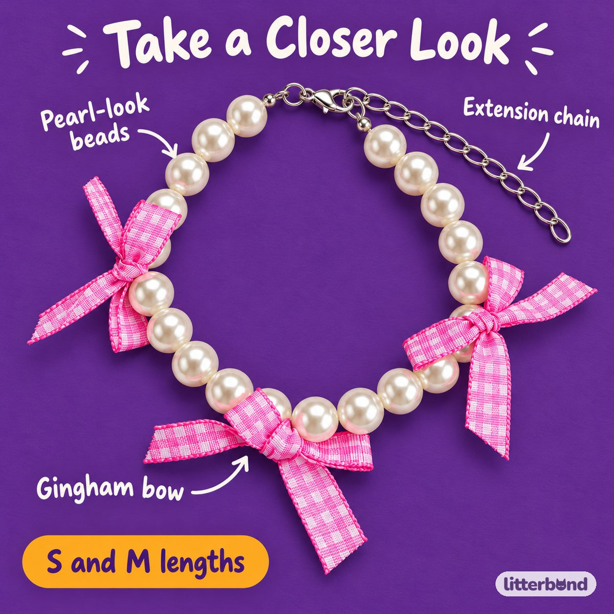 Gingham Ribbon Pearl Collar - close-up details