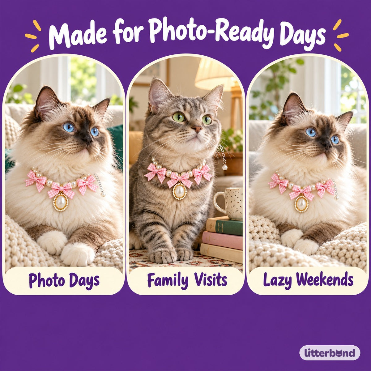 Gingham Ribbon Pearl Collar on a cat at home