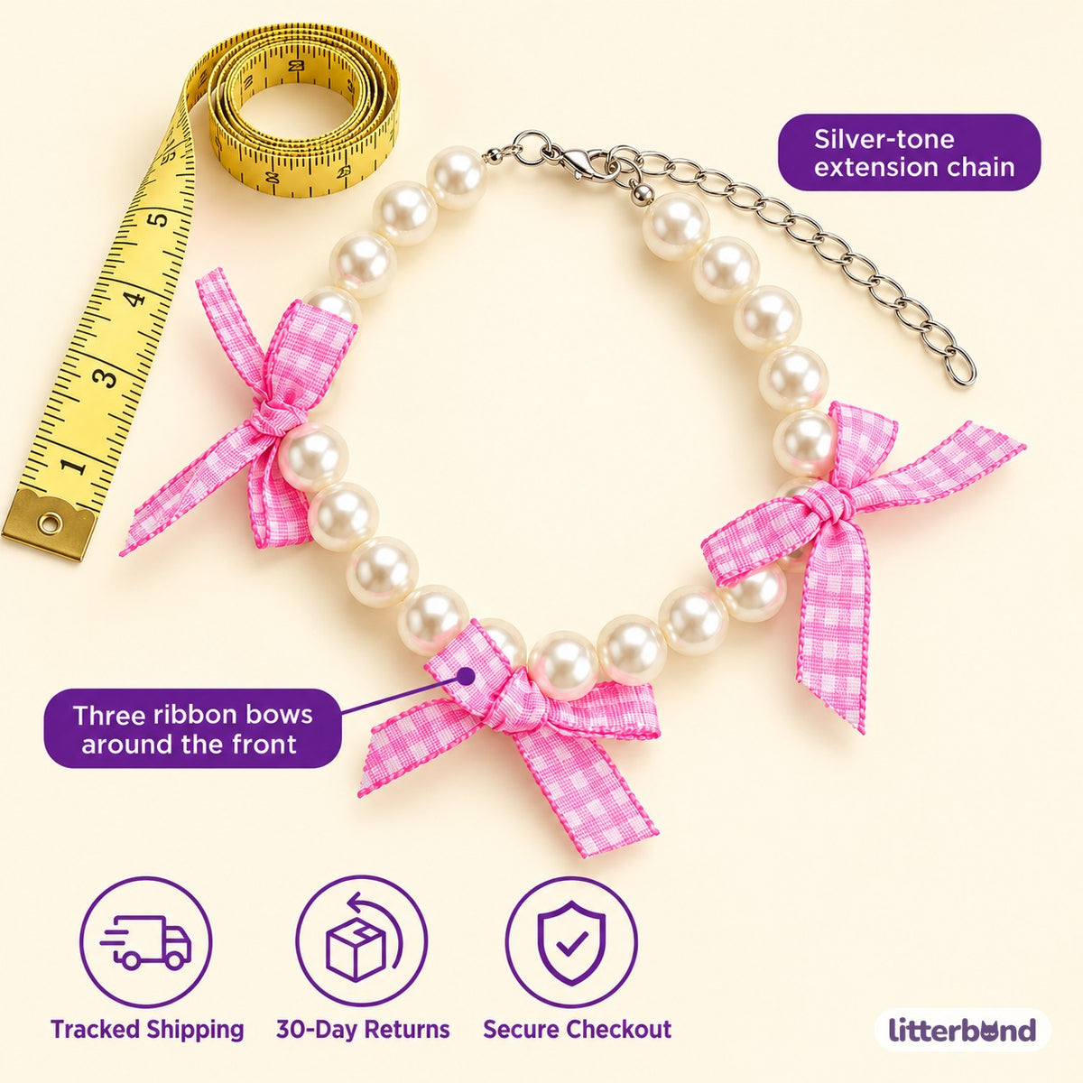 Gingham Ribbon Pearl Collar - size and details