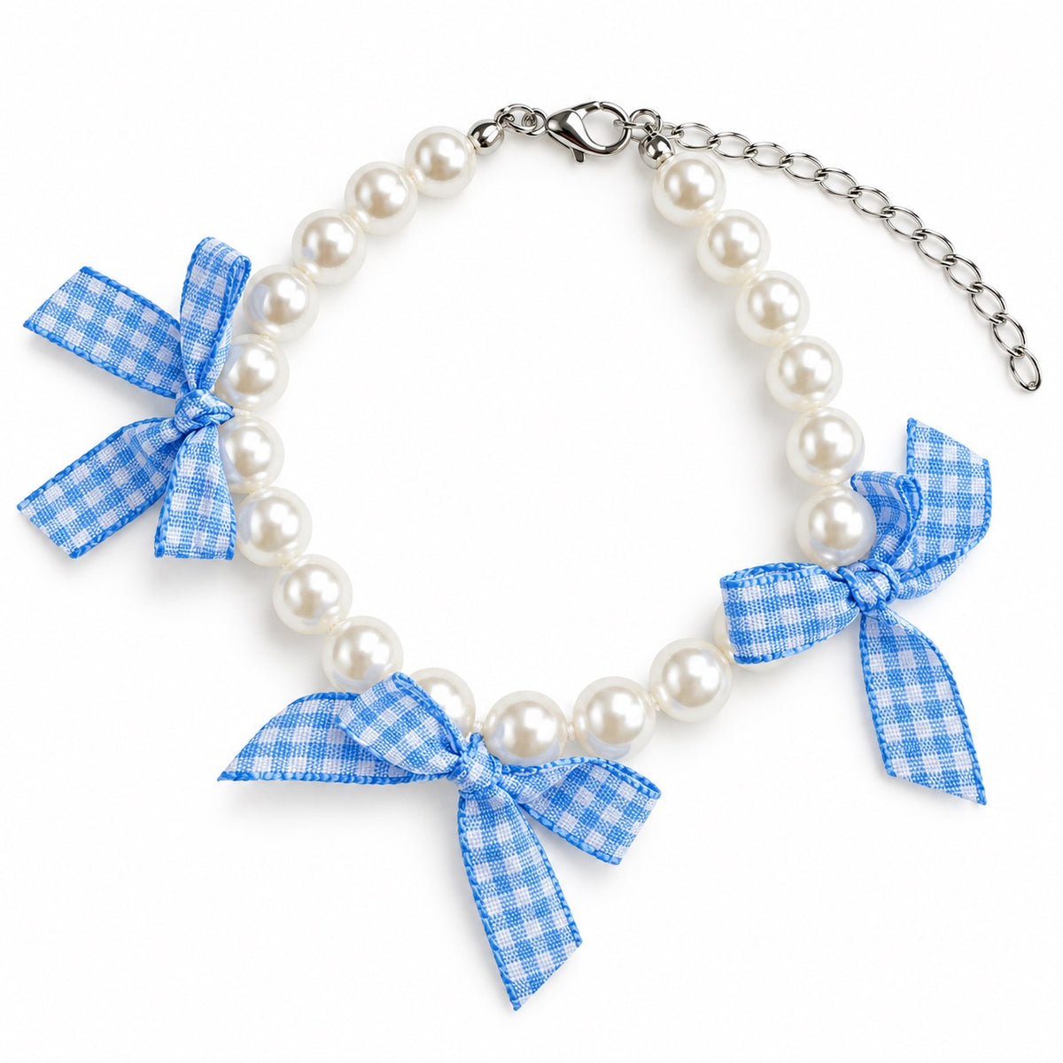 Gingham Ribbon Pearl Collar - Blue Gingham Bow