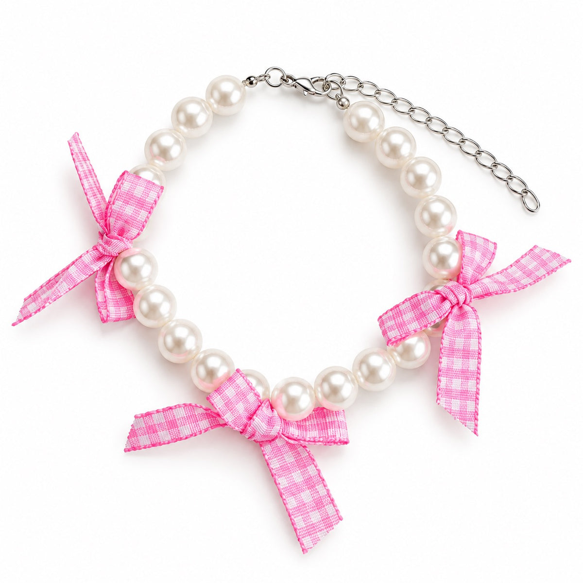 Gingham Ribbon Pearl Collar - Pink Gingham Bow