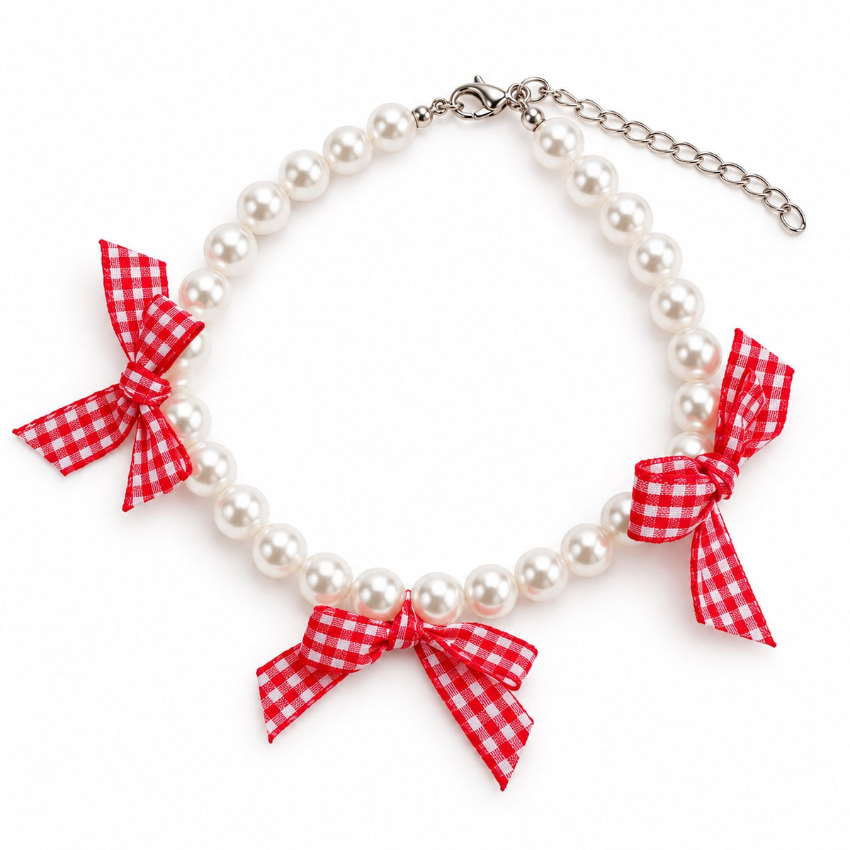 Gingham Ribbon Pearl Collar - Red Gingham Bow