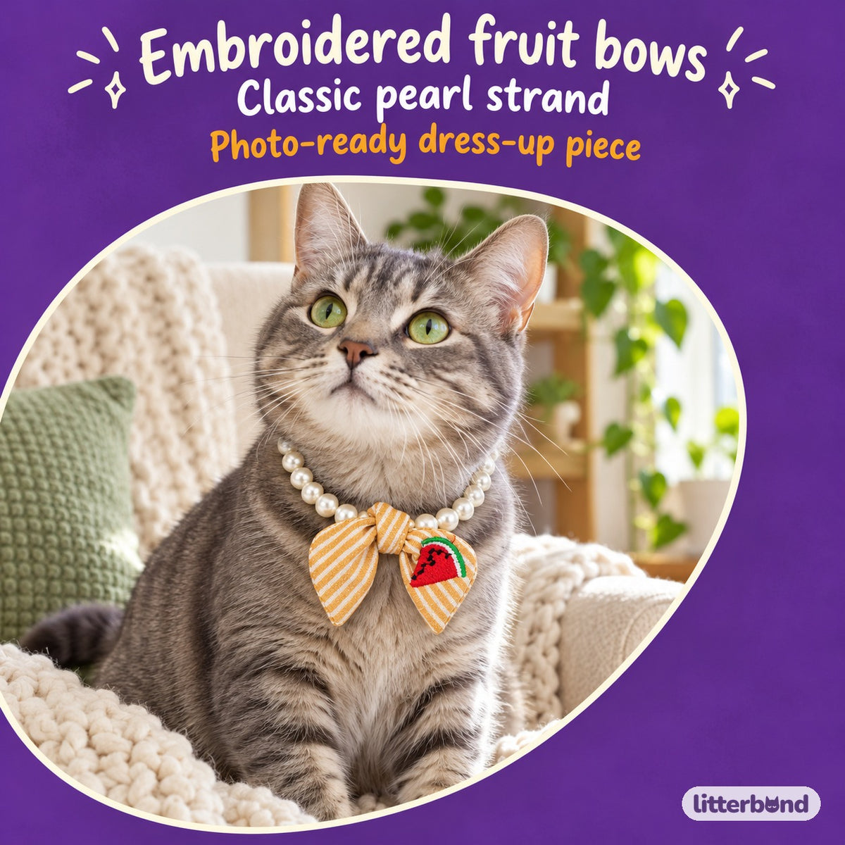 Fruit Bow Pearl Necklace for Photos on a cat