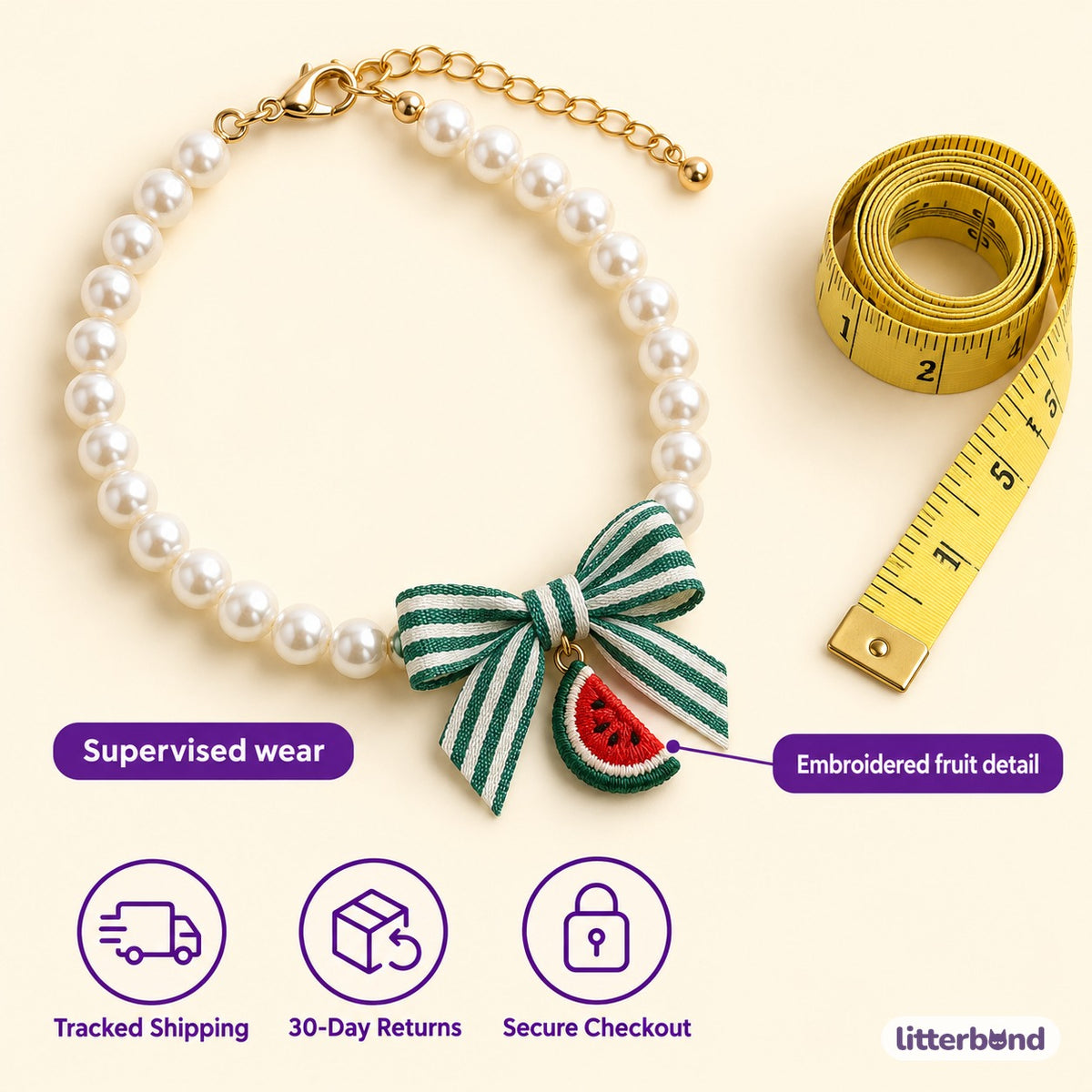 Fruit Bow Pearl Necklace for Photos - size and details