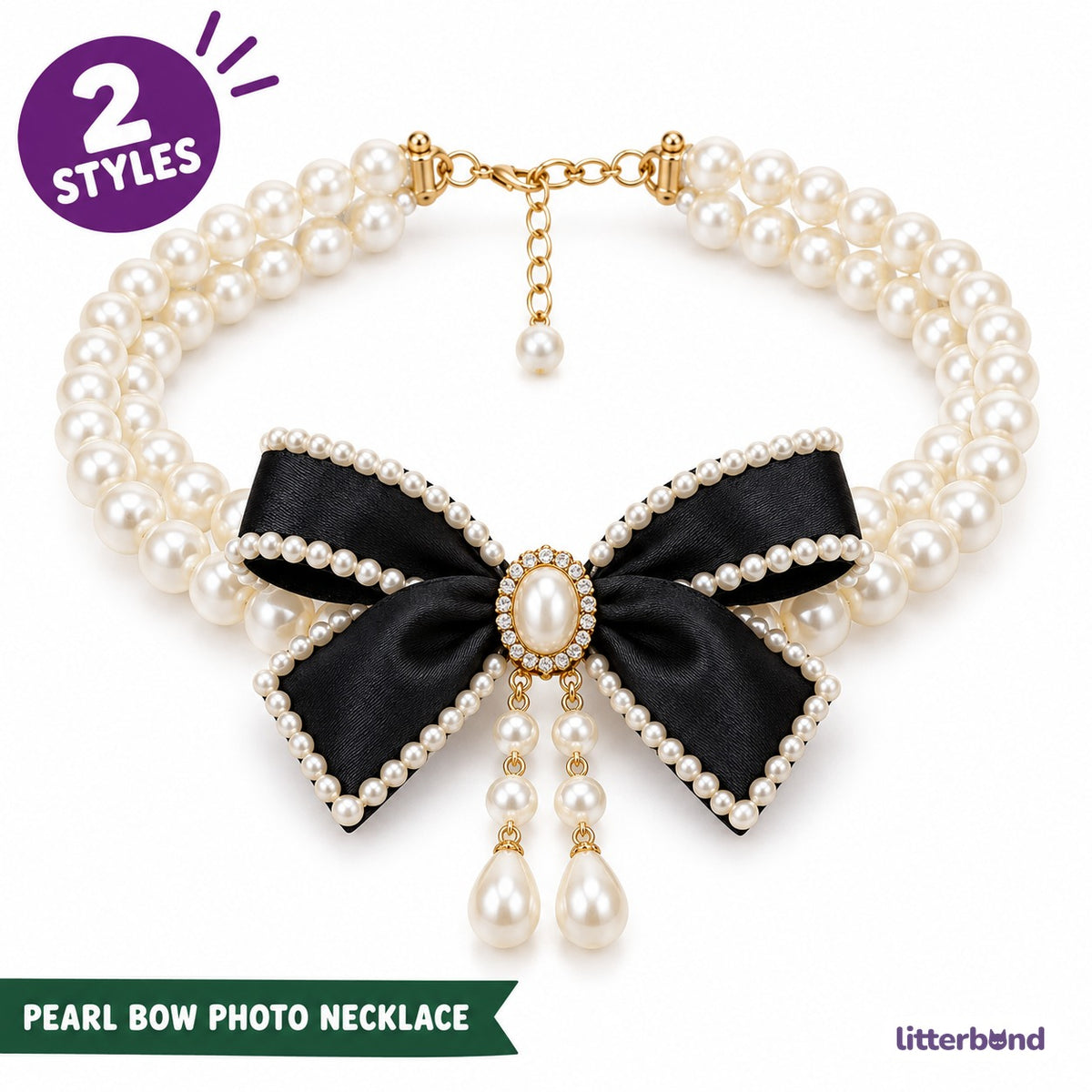 Black Bow Pearl Photo Necklace
