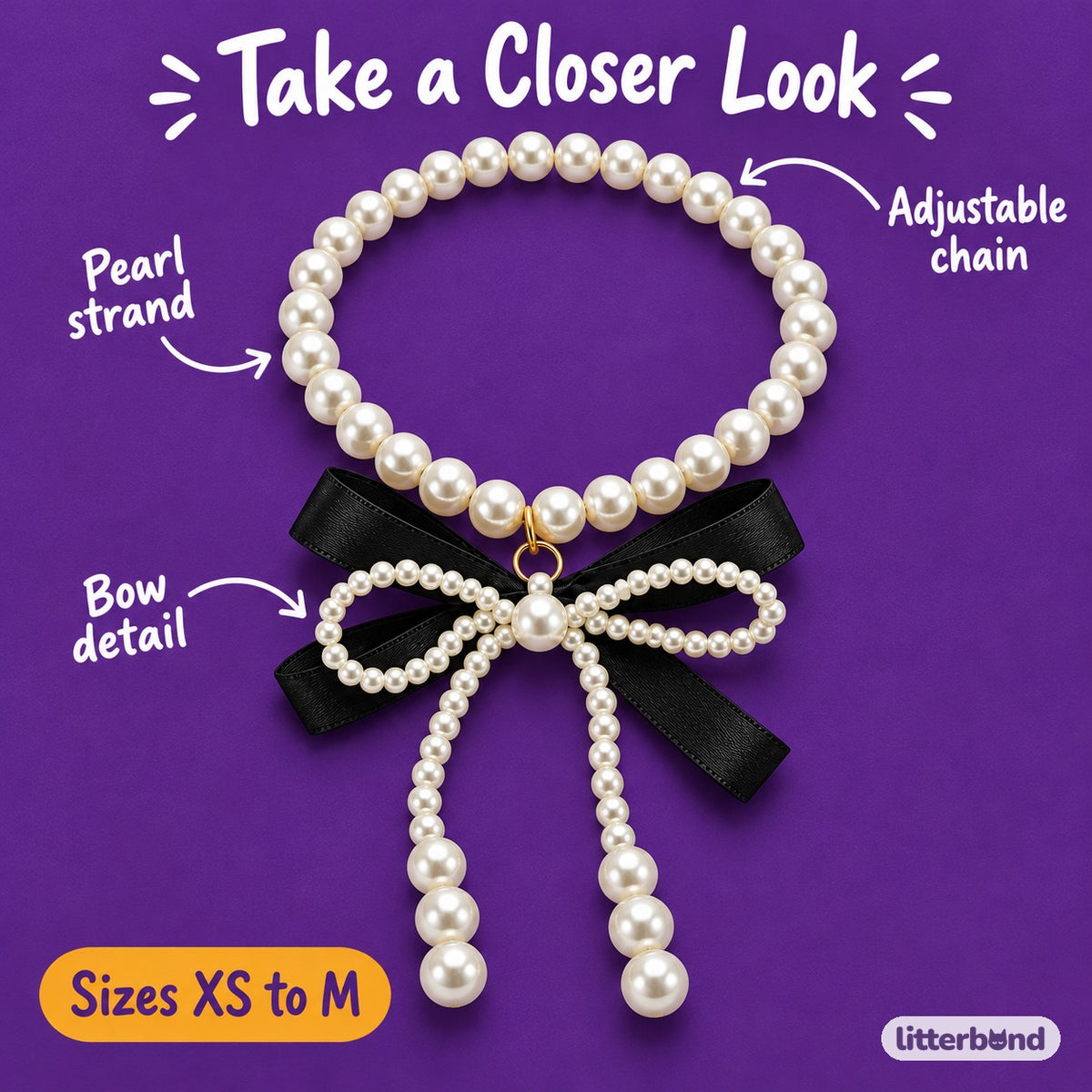 Black Bow Pearl Photo Necklace - close-up details
