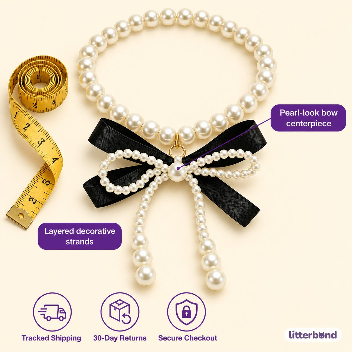 Black Bow Pearl Photo Necklace - size and details