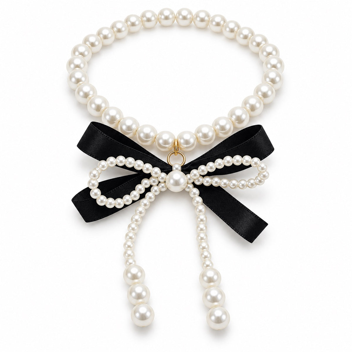 Black Bow Pearl Photo Necklace - Double Pearl Bow