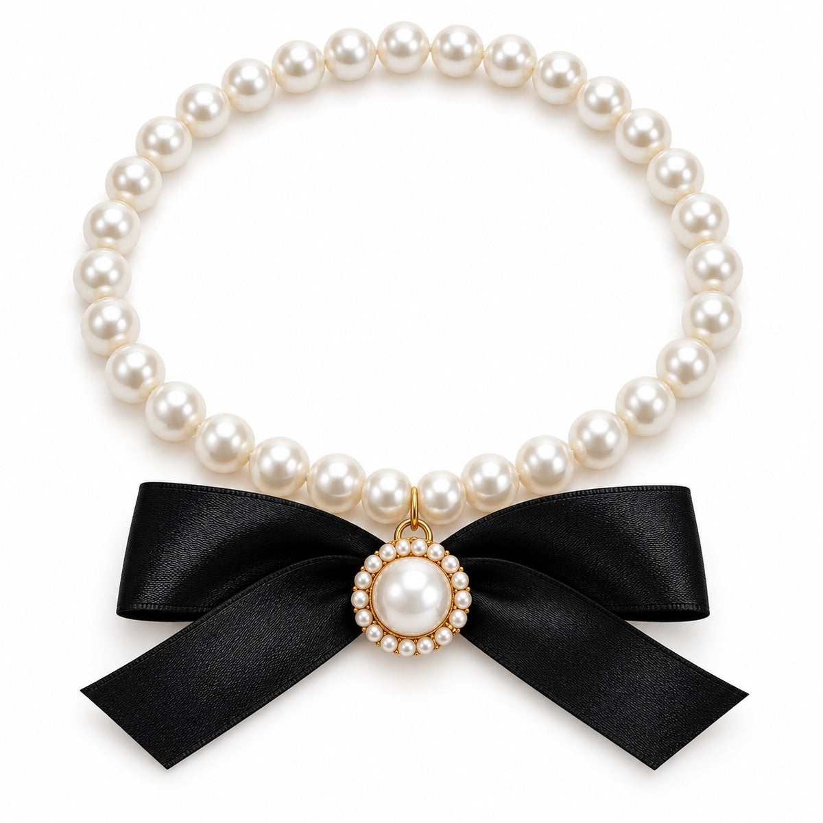 Black Bow Pearl Photo Necklace - Pearl Medallion Bow