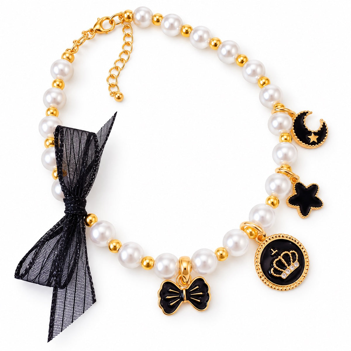 Six-Color Pearl Charm Necklace - Black