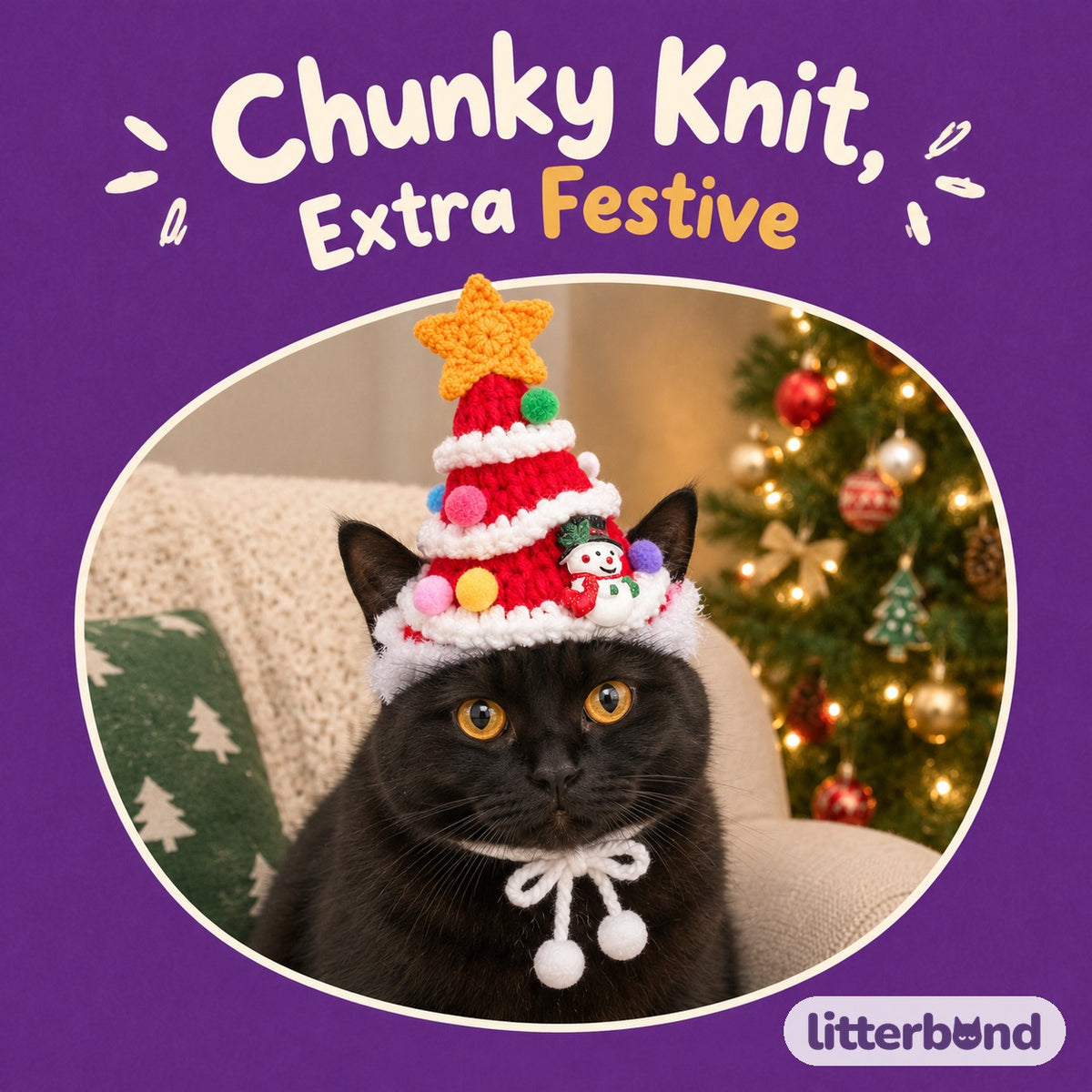Chunky Knit Christmas Tree Hat on a cat