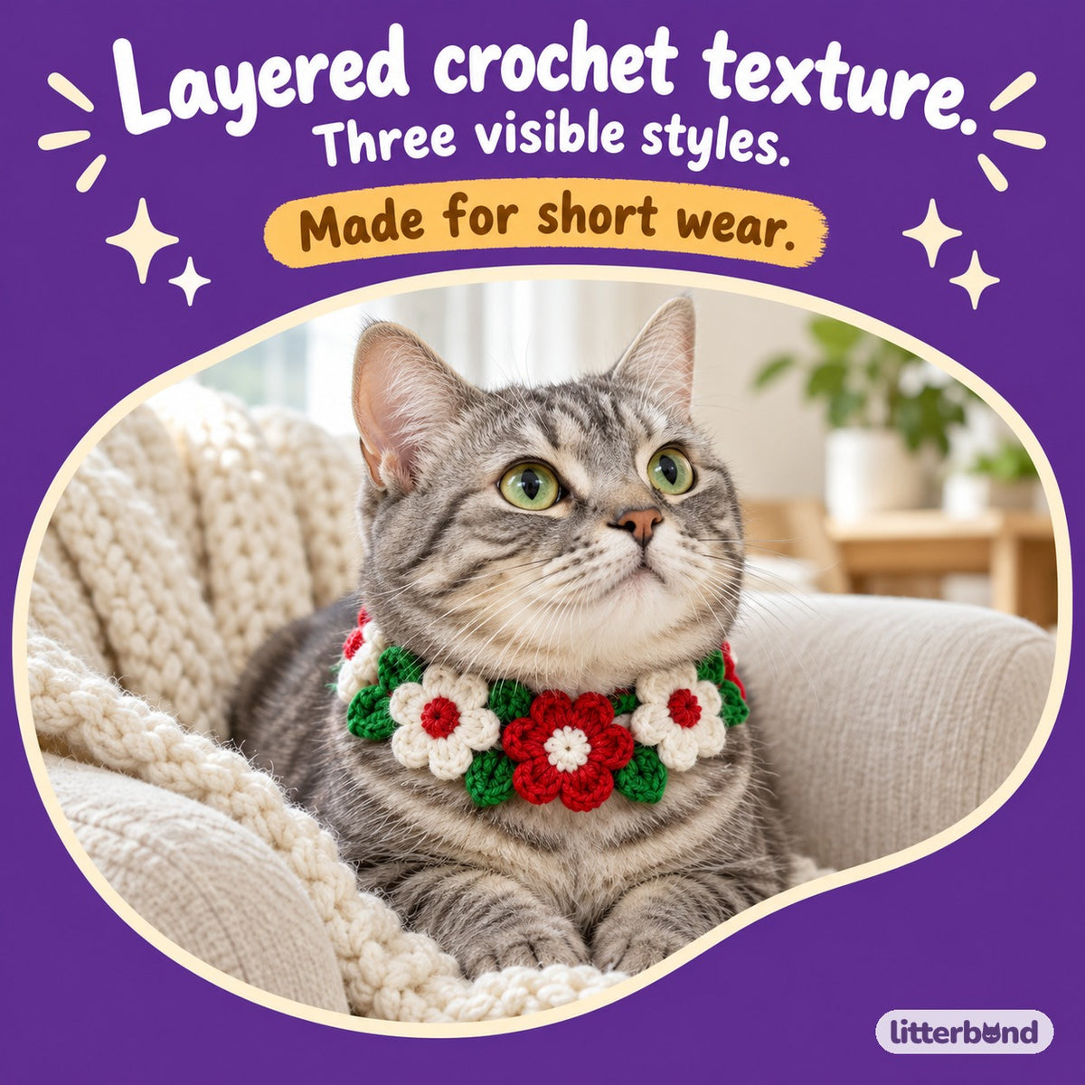 Tricolor Crochet Flower Collar on a cat