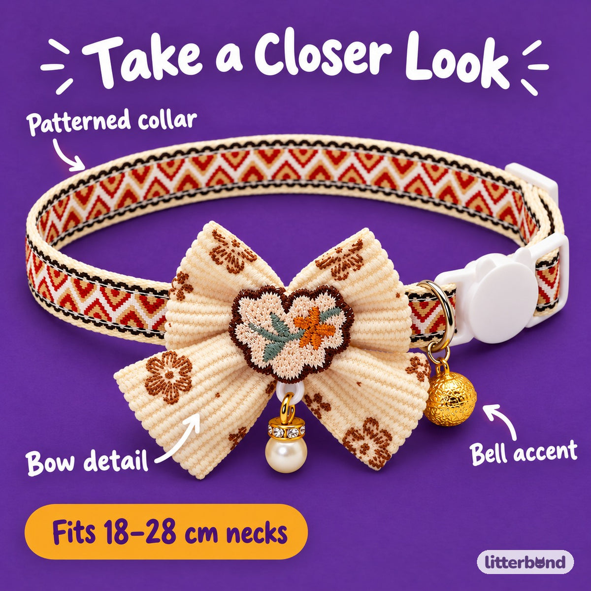 Decorative Lace Bow Bell Collar - close-up details