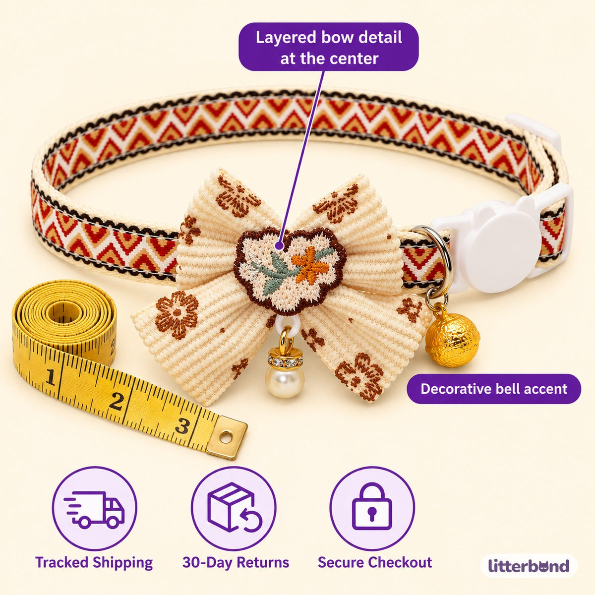 Decorative Lace Bow Bell Collar - size and details