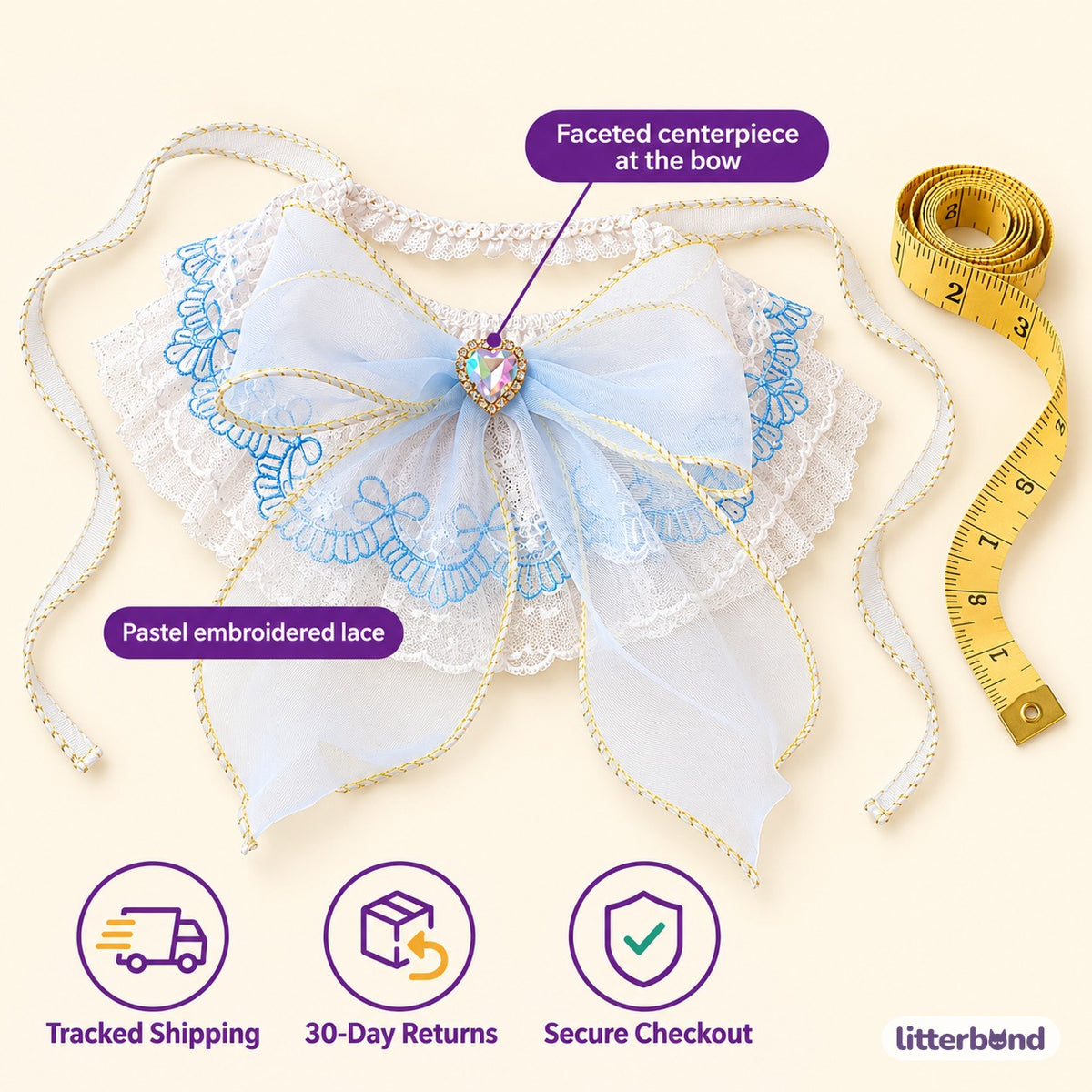 Pastel Lace Jewel Ruffle Collar - size and details