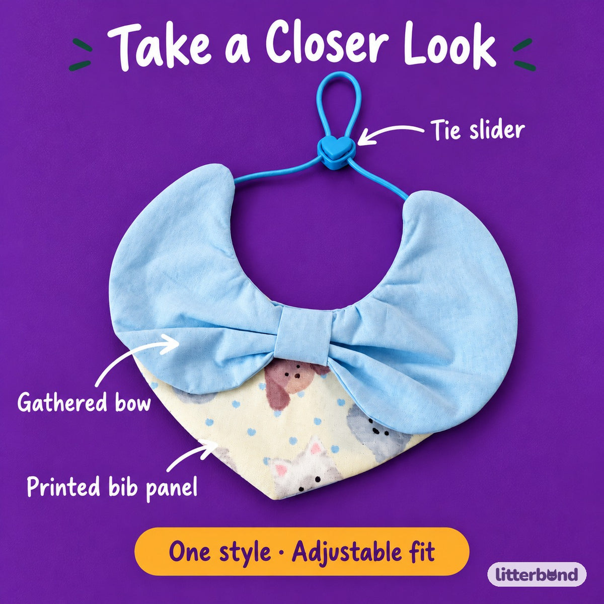Pastel Blue Bow Bib for Photos - close-up details