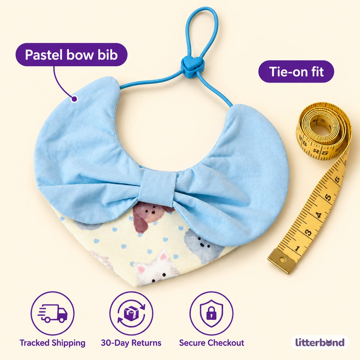 Pastel Blue Bow Bib for Photos - size and details