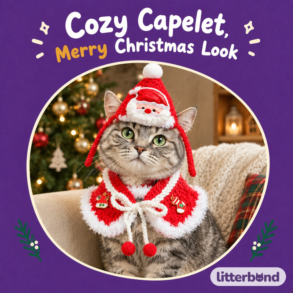 Crochet Christmas Capelet & Hat Set on a cat