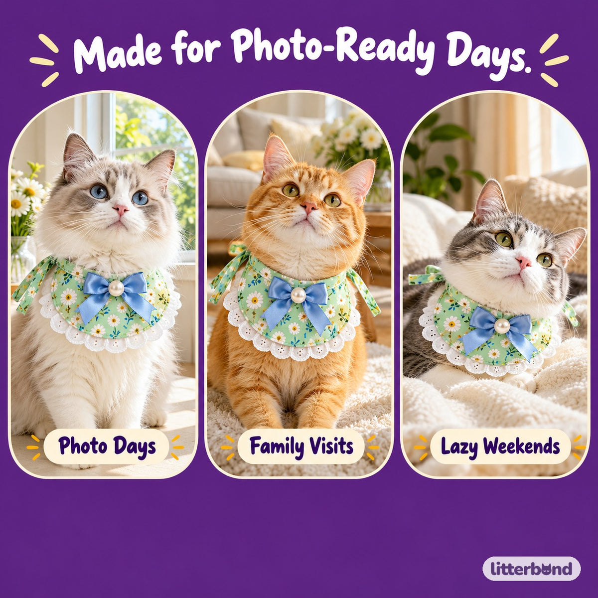 Pastel Floral Tie-On Photo Bib on a cat at home