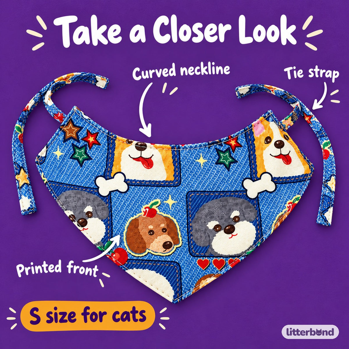Denim-Print Bib Collars for Cat Photos - close-up details