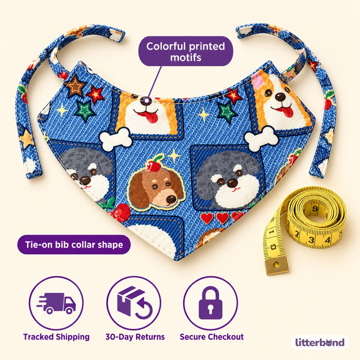 Denim-Print Bib Collars for Cat Photos - size and details