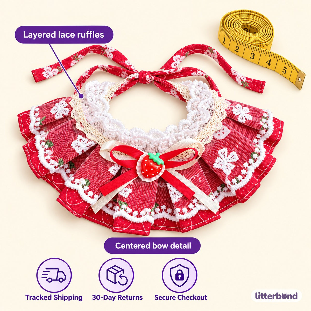 Lace Ruffle Bow Bib Collar for Cat Photos - size and details