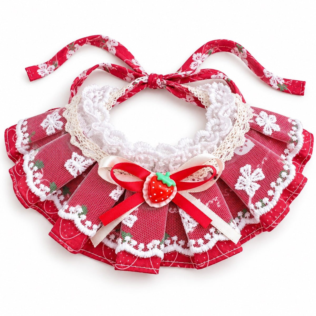 Lace Ruffle Bow Bib Collar for Cat Photos - Red Strawberry