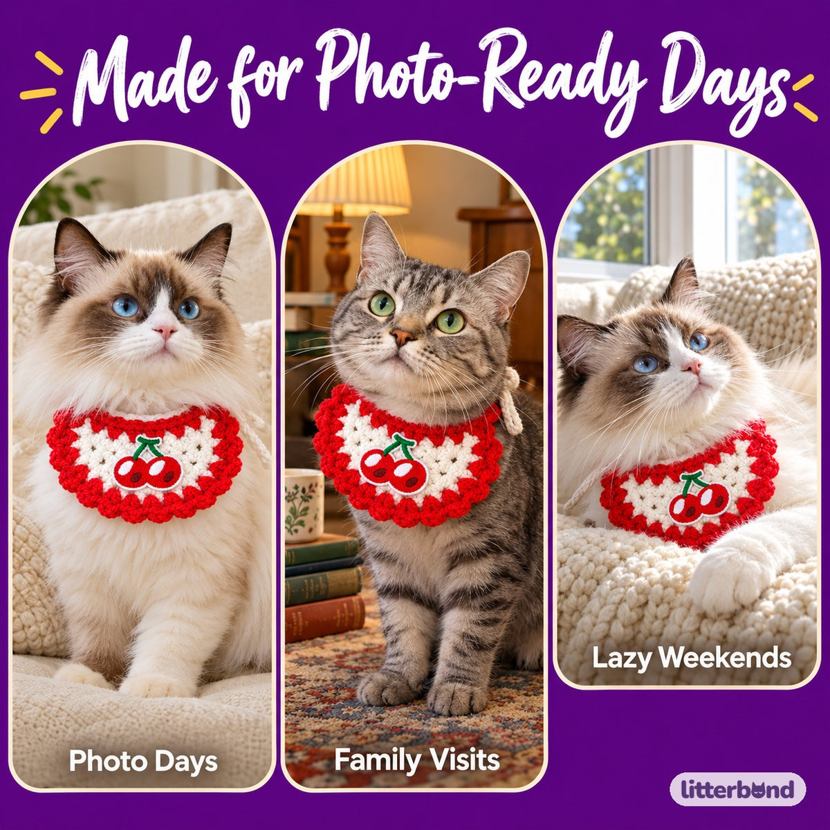 Crochet Fruit Bibs for Photos on a cat at home