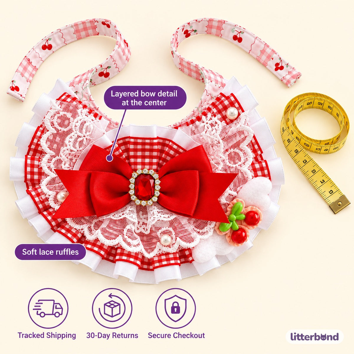 Jeweled Lace Strawberry Bib Collars - size and details