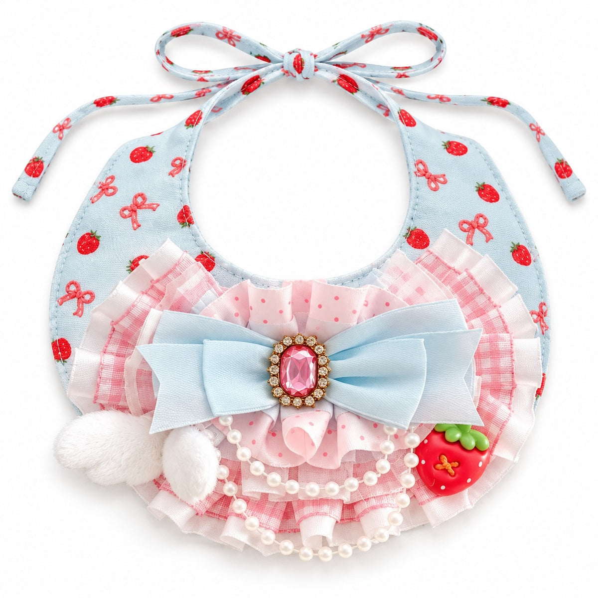 Jeweled Lace Strawberry Bib Collars - Pink Pearl Bow