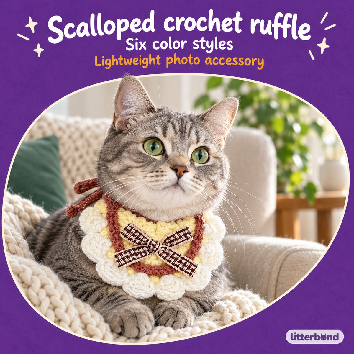 Scalloped Crochet Bib Collar on a cat