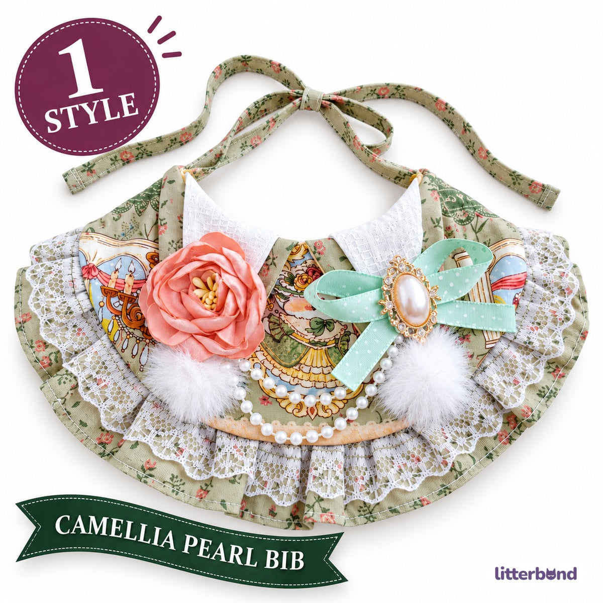 Sage Camellia Pearl Bib